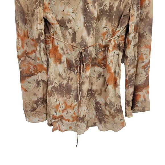 90s Top Boho Country V-neck Tie Back Waist Sheer Long Sleeve Burnt Paisley Sz M - Picture 8 of 9